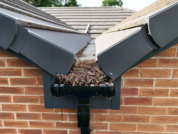 Close aerial detail of a blocked gutter against a brick wall, showing debris build-up.